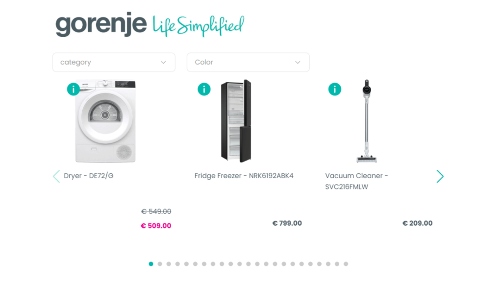 Gorenje website with a SyncSpider's Product Slider in action, showcasing various products. The slider is actively displaying a range of diverse products, offering a visually appealing and engaging user experience.