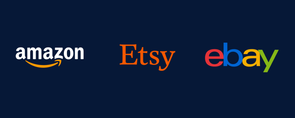 The best marketplaces for your eCommerce this holiday season. A visual of the Amazon, Etsy, and eBay logo.