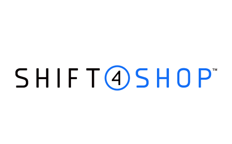 Official logo for Shift4Shop featuring the company name in dark and light blue with a circular arrow motif around the 'O'.