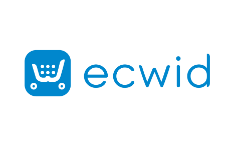 Logo for Ecwid featuring a stylized white shopping cart within a blue square, next to the blue 'ecwid' text.