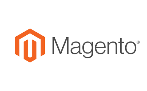 Logo of Magento with an orange hexagon symbol next to the 'Magento' text in grey, with a registered trademark symbol.