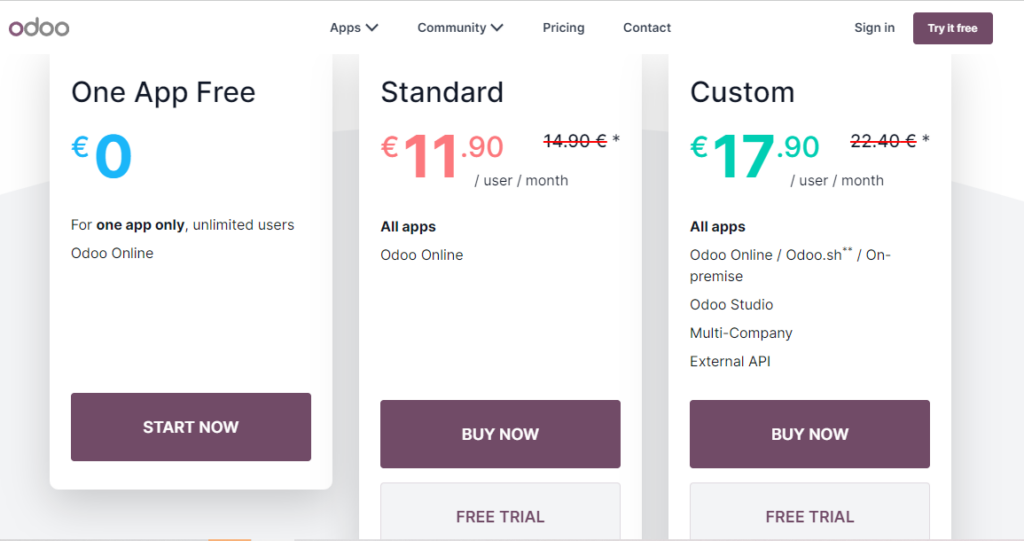 Odoo website pricing page