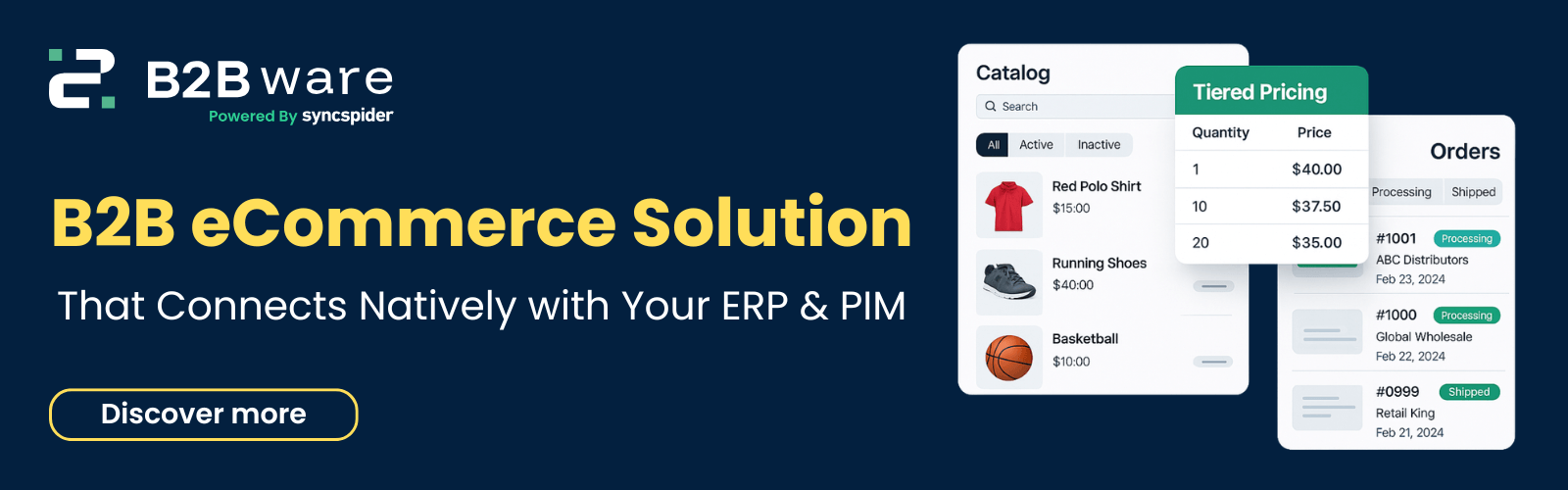 Banner ad for B2Bware by SyncSpider promoting a B2B eCommerce solution that connects natively with ERP and PIM systems.