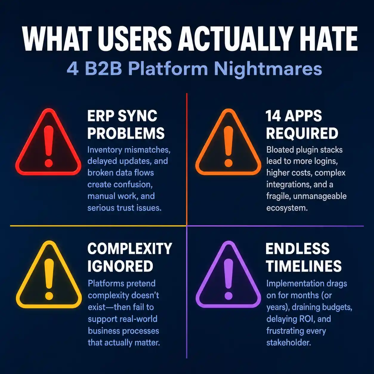 Infographic showing 4 B2B platform nightmares: ERP sync issues, app bloat, ignored complexity, and long implementation timelines.