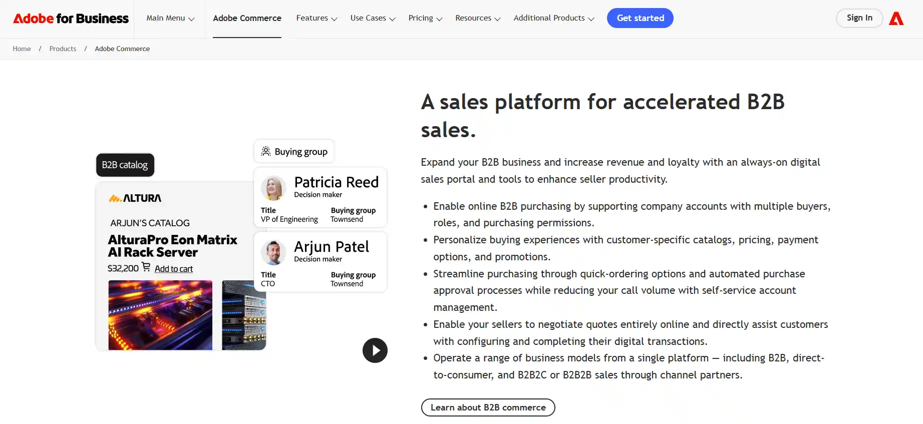 Adobe Commerce landing page highlighting its digital platform for accelerated B2B sales