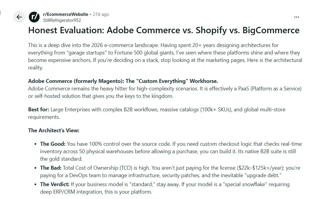 Reddit evaluation of Adobe Commerce highlighting its suitability for complex B2B workflows and deep ERP integrations