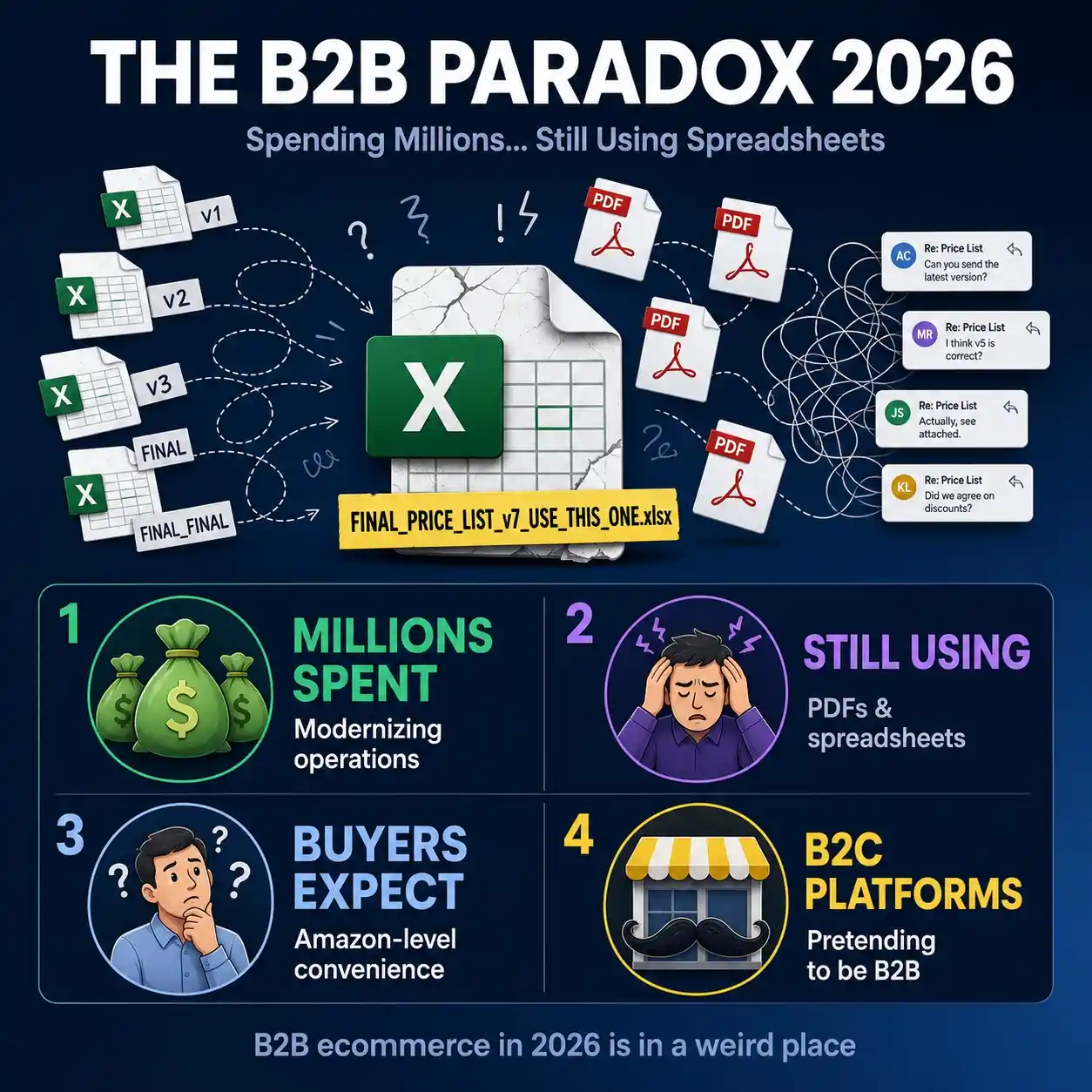 Infographic titled "The B2B Paradox 2026" explaining the gap between high digital transformation spending and the continued use of manual spreadsheets and PDFs in B2B ecommerce, while buyers expect Amazon-level convenience.