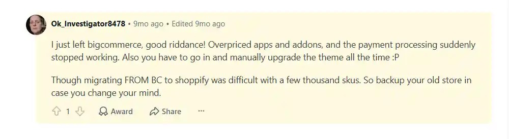 Reddit review criticizing BigCommerce pricing and its expensive add-on practice