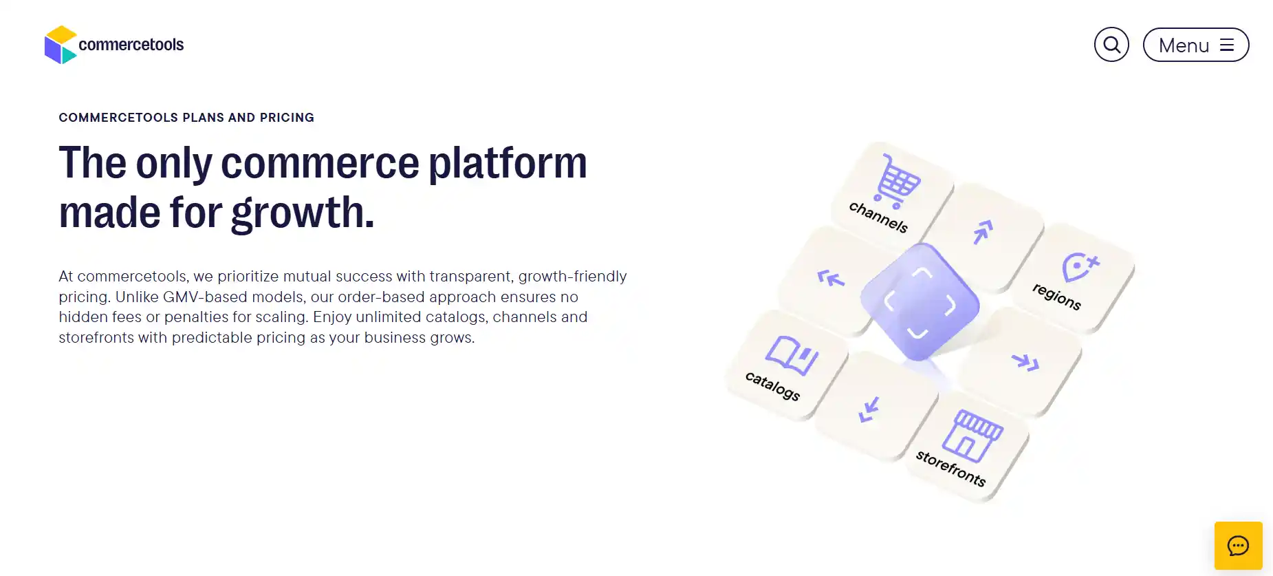 Commercetools pricing page highlighting its order-based commerce platform for scaling businesses