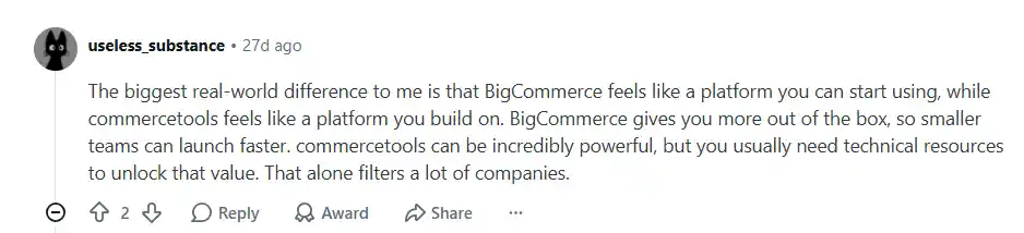 Reddit discussion comparing commercetools and BigCommerce, highlighting the internal development required for composable commerce
