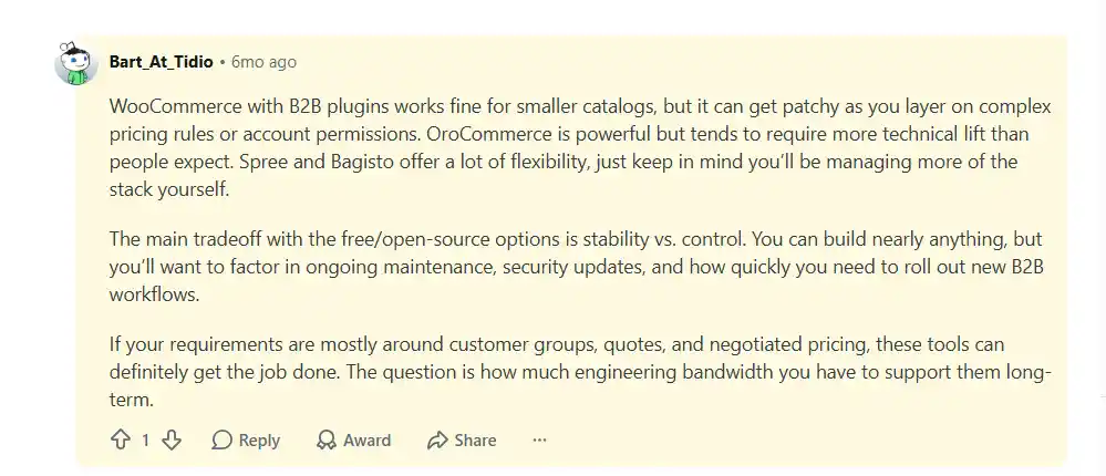 Reddit discussion highlighting that OroCommerce is a powerful B2B platform but requires significant technical knowledge