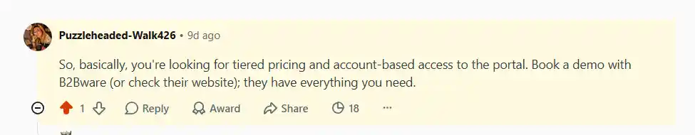 Reddit comment recommending B2Bware eCommerce software for tiered pricing and account based access