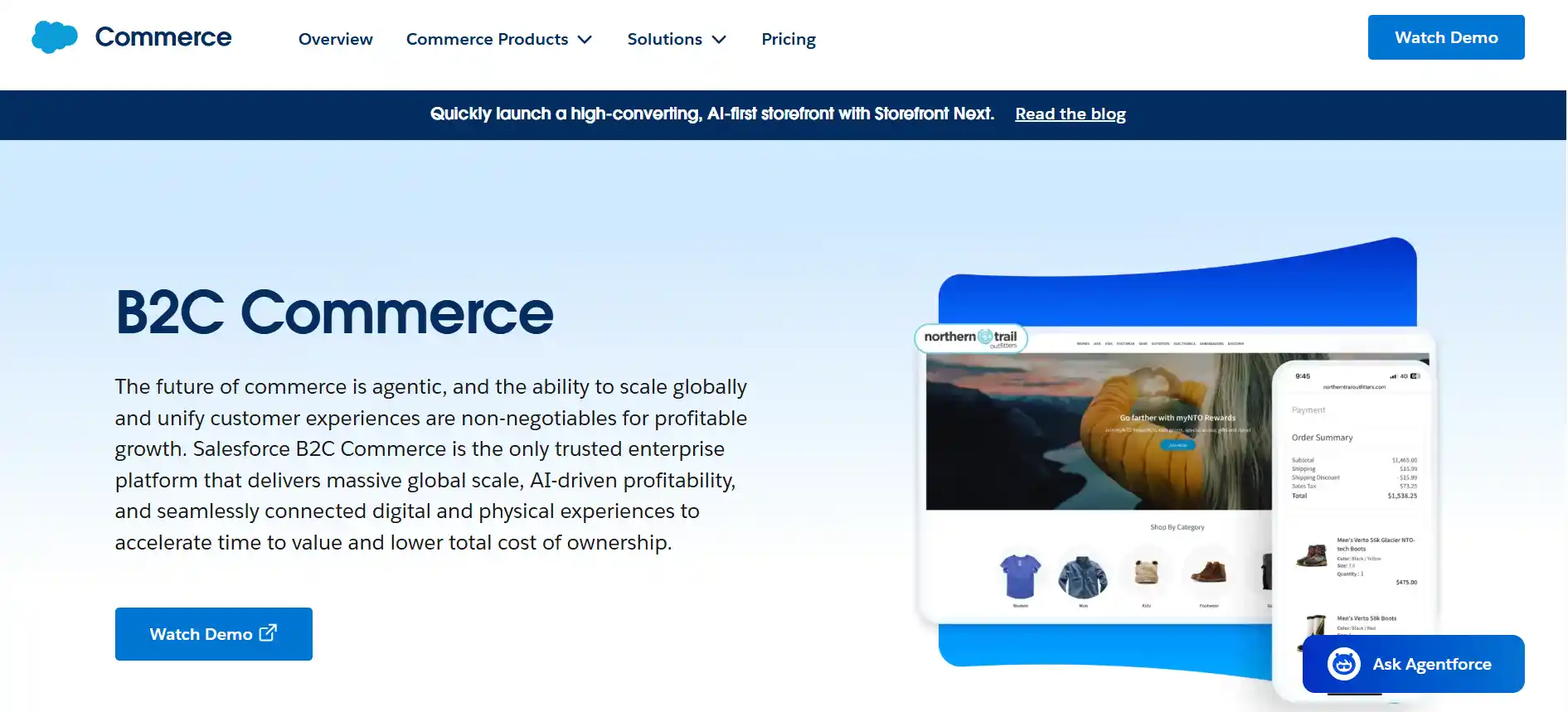 Salesforce homepage highlighting its B2C Commerce enterprise platform for AI-driven global scale