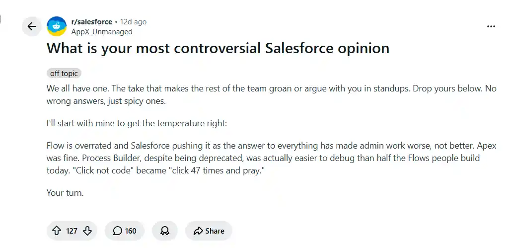 Reddit discussion about Salesforce platform complexity and ecosystem challenges for smaller businesses