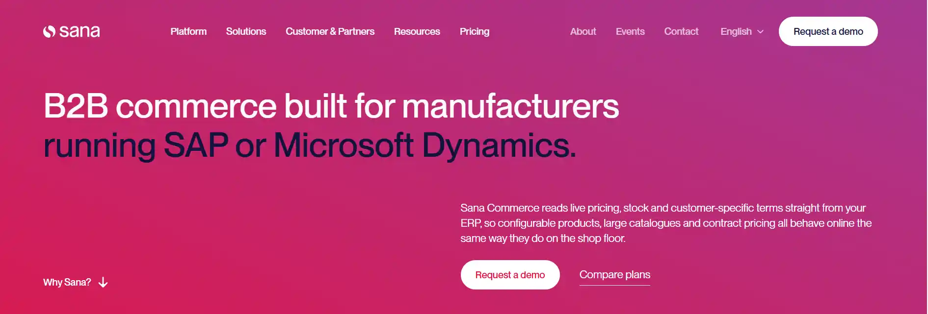 Sana Commerce homepage highlighting its B2B platform for manufacturers running SAP or Microsoft Dynamics