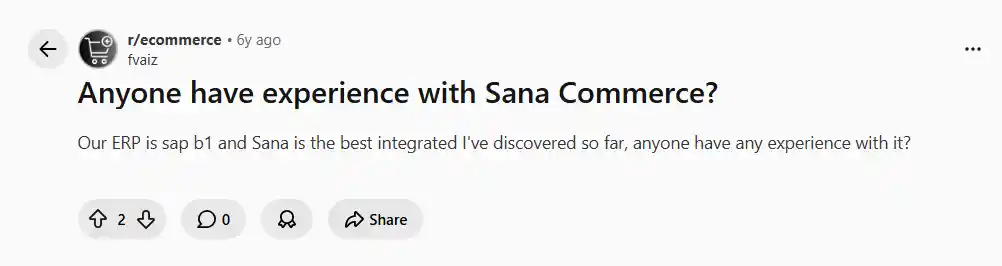 Reddit post highlighting Sana Commerce as a top B2B ecommerce platform for SAP ERP integration