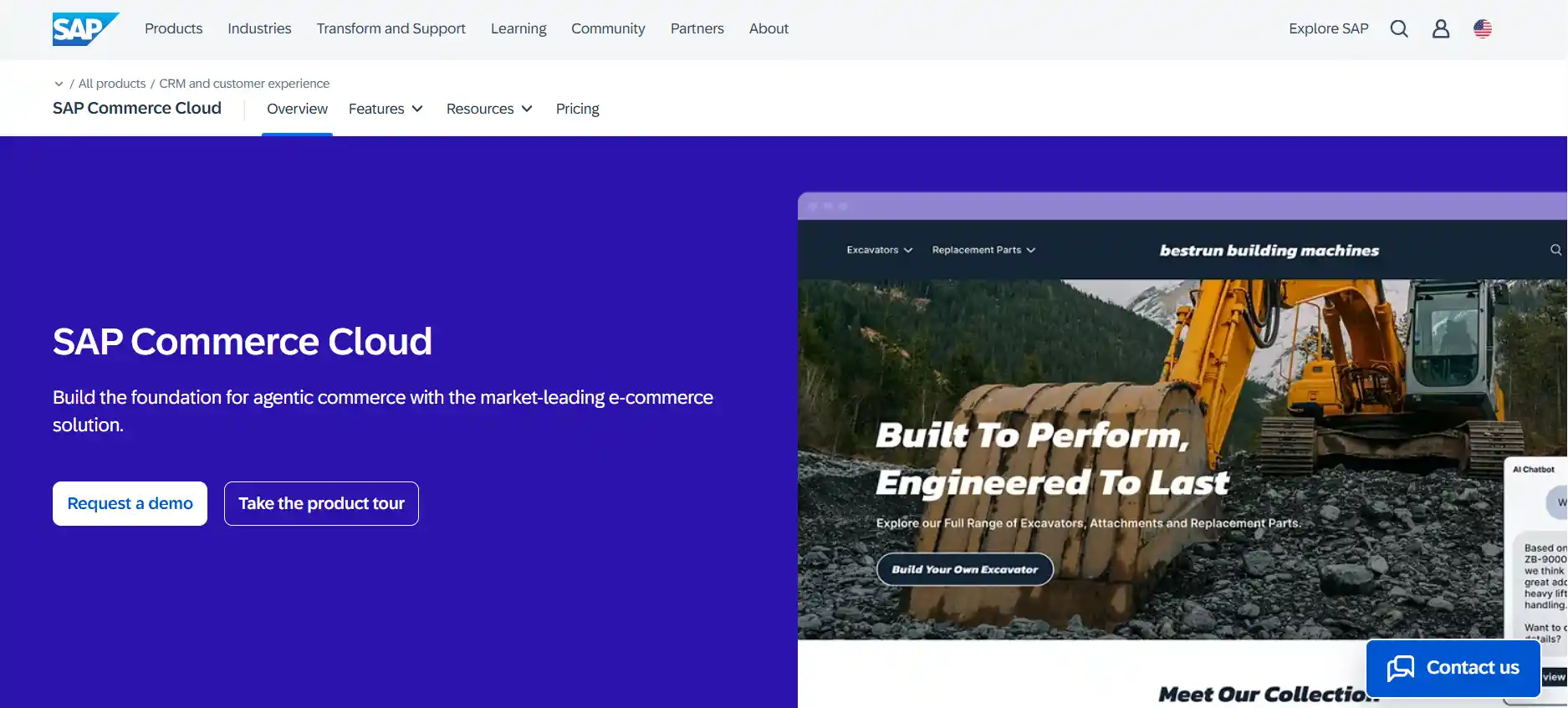 SAP Commerce Cloud homepage highlighting its market-leading agentic e-commerce solution