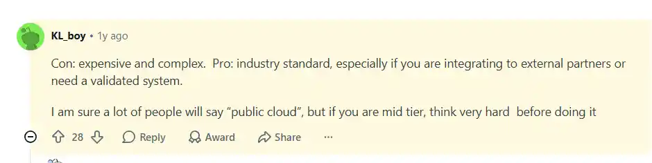 Reddit review describing SAP Commerce Cloud as an expensive and complex industry standard