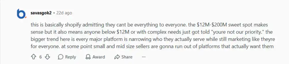 Reddit discussion about Shopify B2B target ICP and platform limitations for businesses with complex workflows