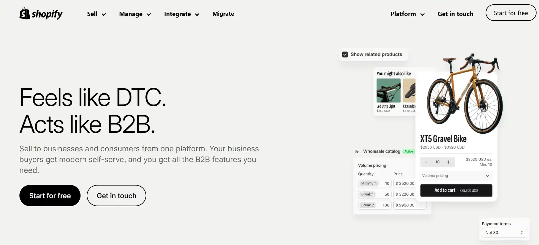 Shopify B2B platform homepage highlighting wholesale ecommerce features for brands expanding from DTC