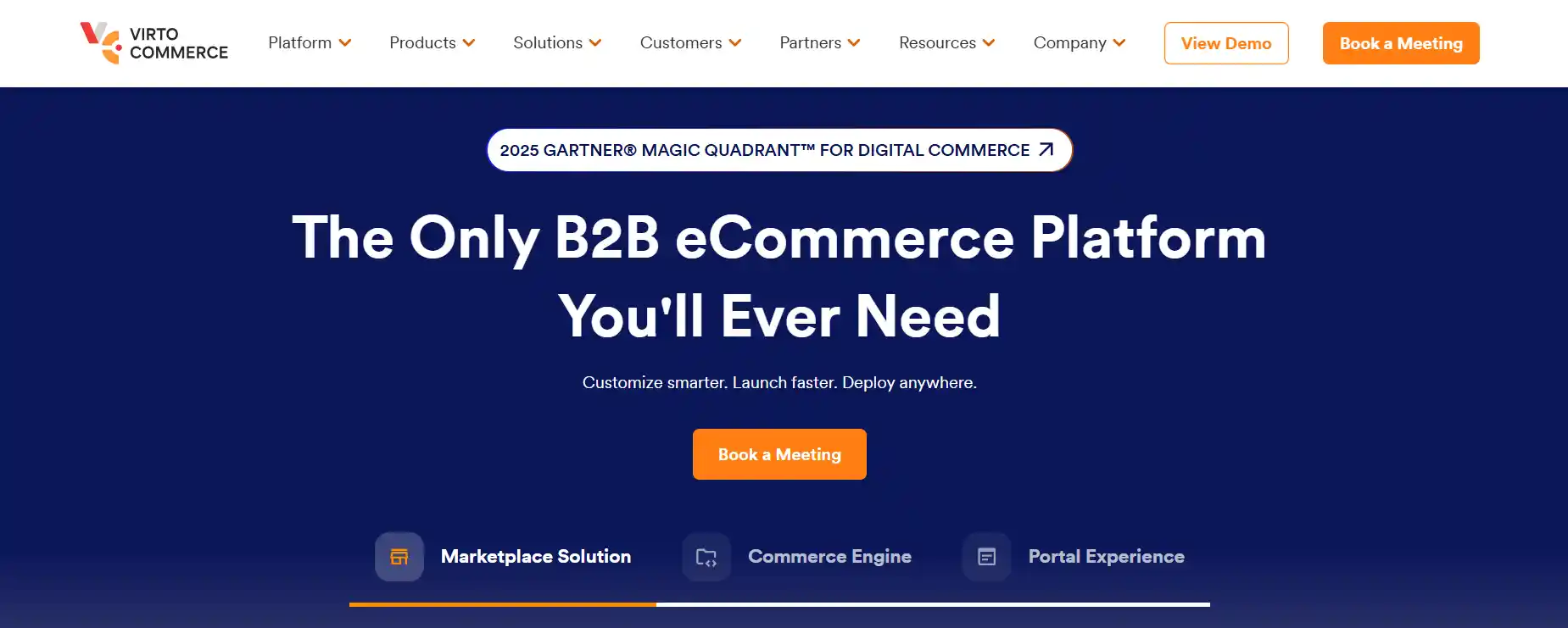 Virto Commerce homepage featuring its customizable B2B eCommerce platform and digital commerce solutions