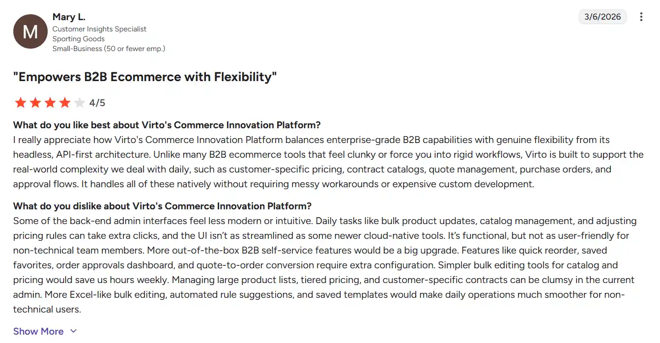 G2 review of Virto Commerce praising its flexible API-first architecture while requesting more B2B self-service features
